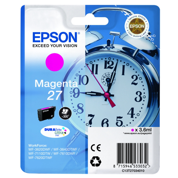 Farba do tlačiarne Epson 27 (C13T27034012) magenta (purpurová) - originálna